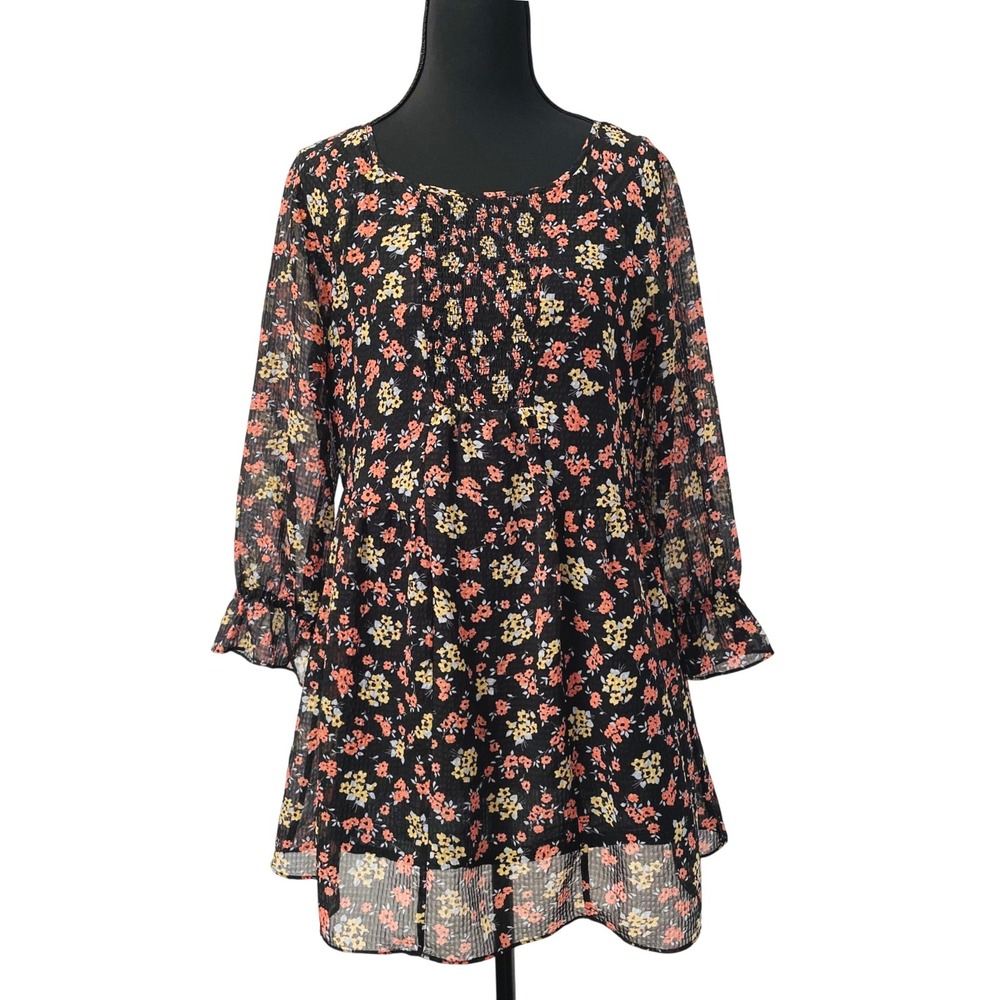 Free People Mini Dress Women 2 Black Floral Smocked‎ Chiffon Ruffle Sleeve Boho